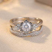 Silver Floral Round Cubic Zirconia Ring Set