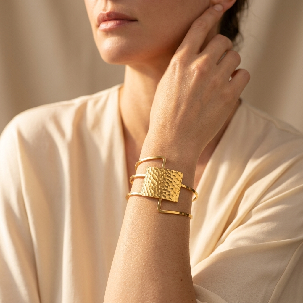 Gold Textured Square Open Cuff Bracelet
