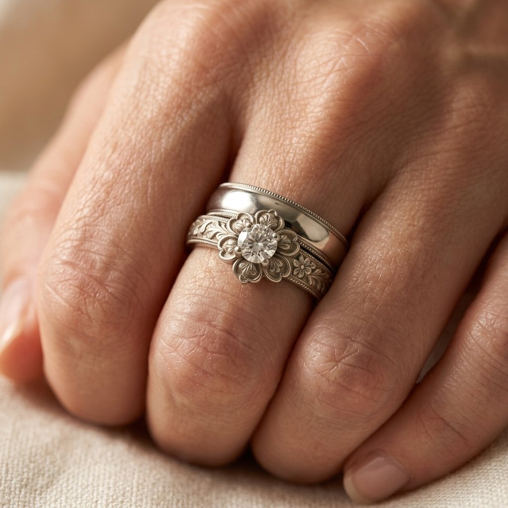 Vintage Silver Filigree Floral Round Ring Set