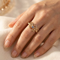 Vintage Gold Filigree Butterfly Blue Sapphire Ring