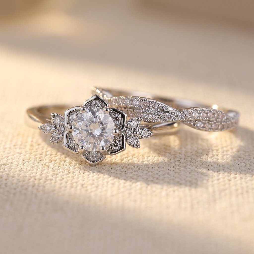 Vintage Silver Filigree Round Cubic Zirconia Ring Set