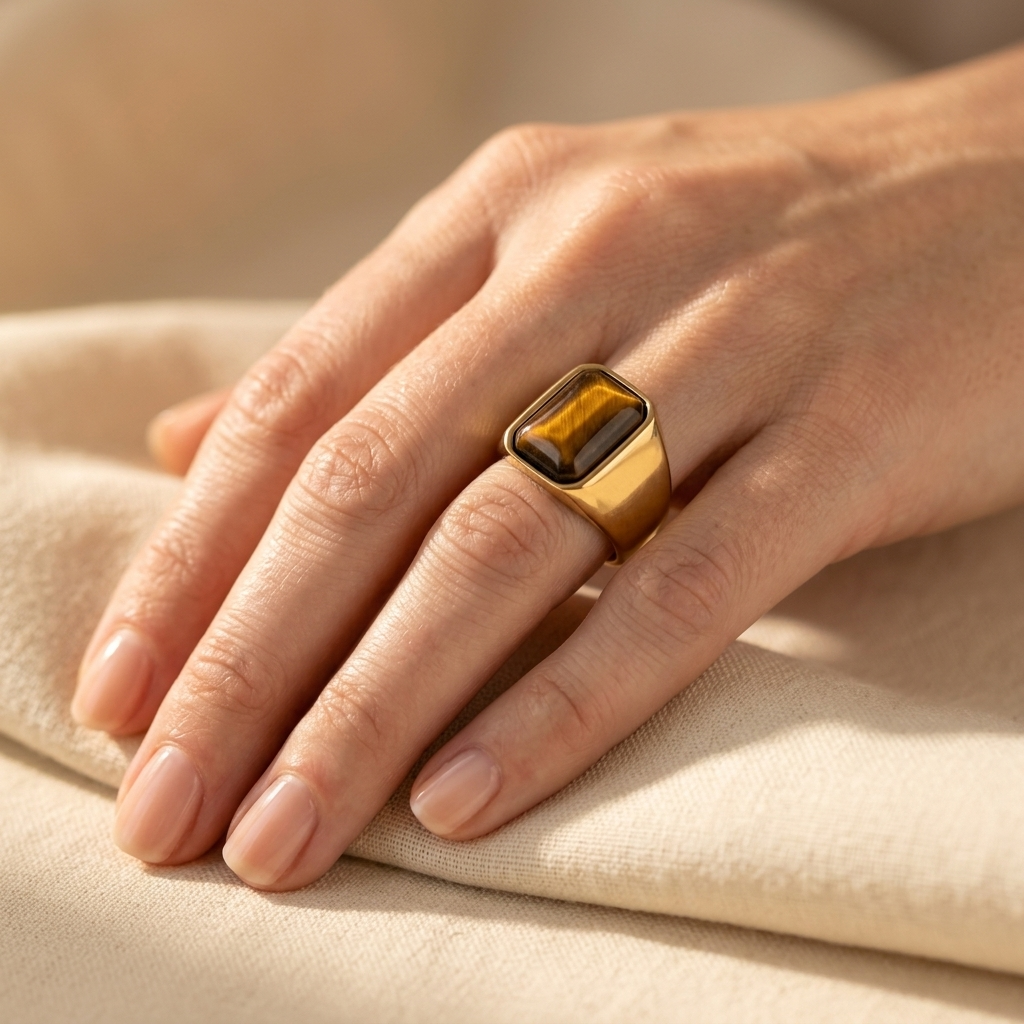 Gold Tiger Eye Stone Rectangular Signet Ring