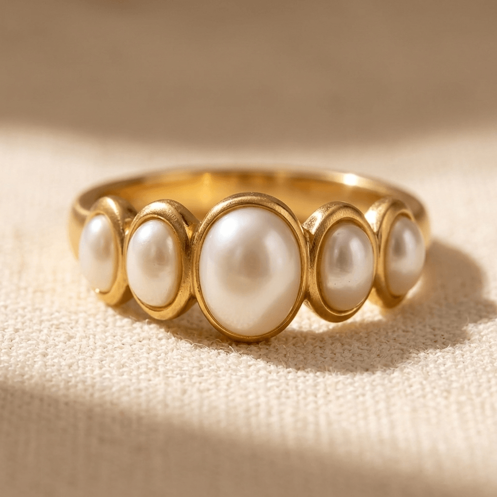 Gold Pearl Oval Five Stone Ring