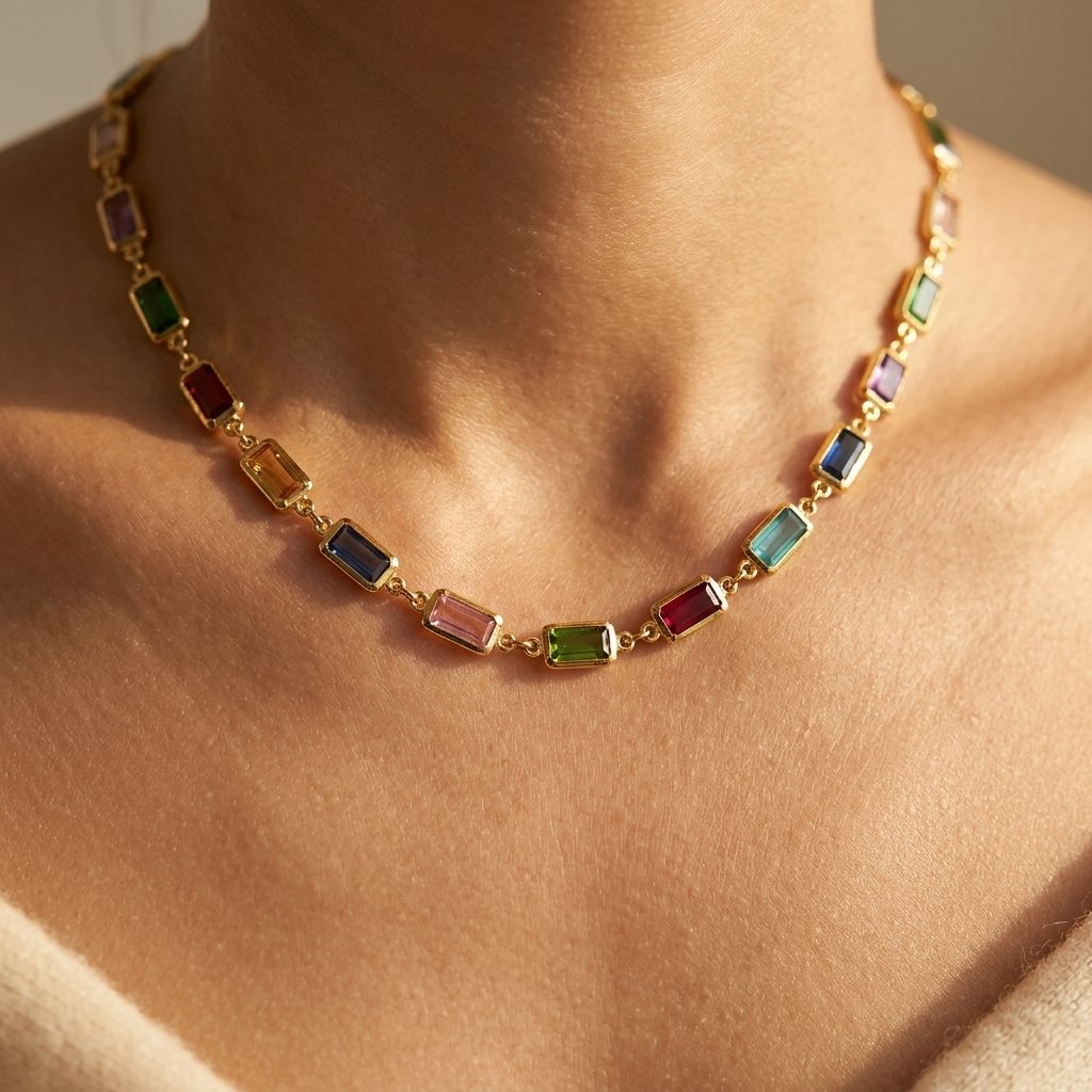 Gold Multicolor Rectangular Gemstone Link Necklace