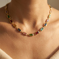 Gold Multicolor Rectangular Gemstone Link Necklace
