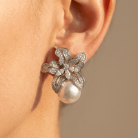 Elegant Flower Pearl Silver Drop Earrings