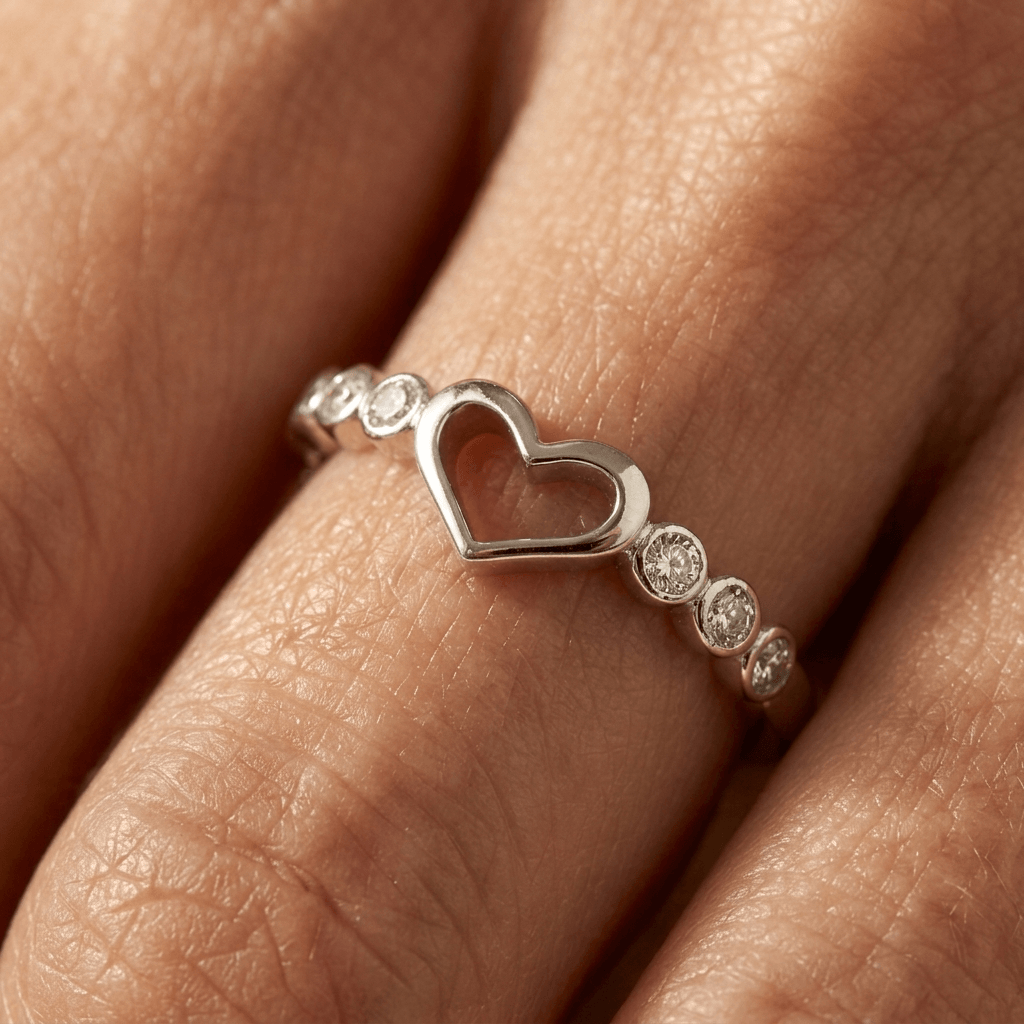 Silver Open Heart Diamond Accent Ring