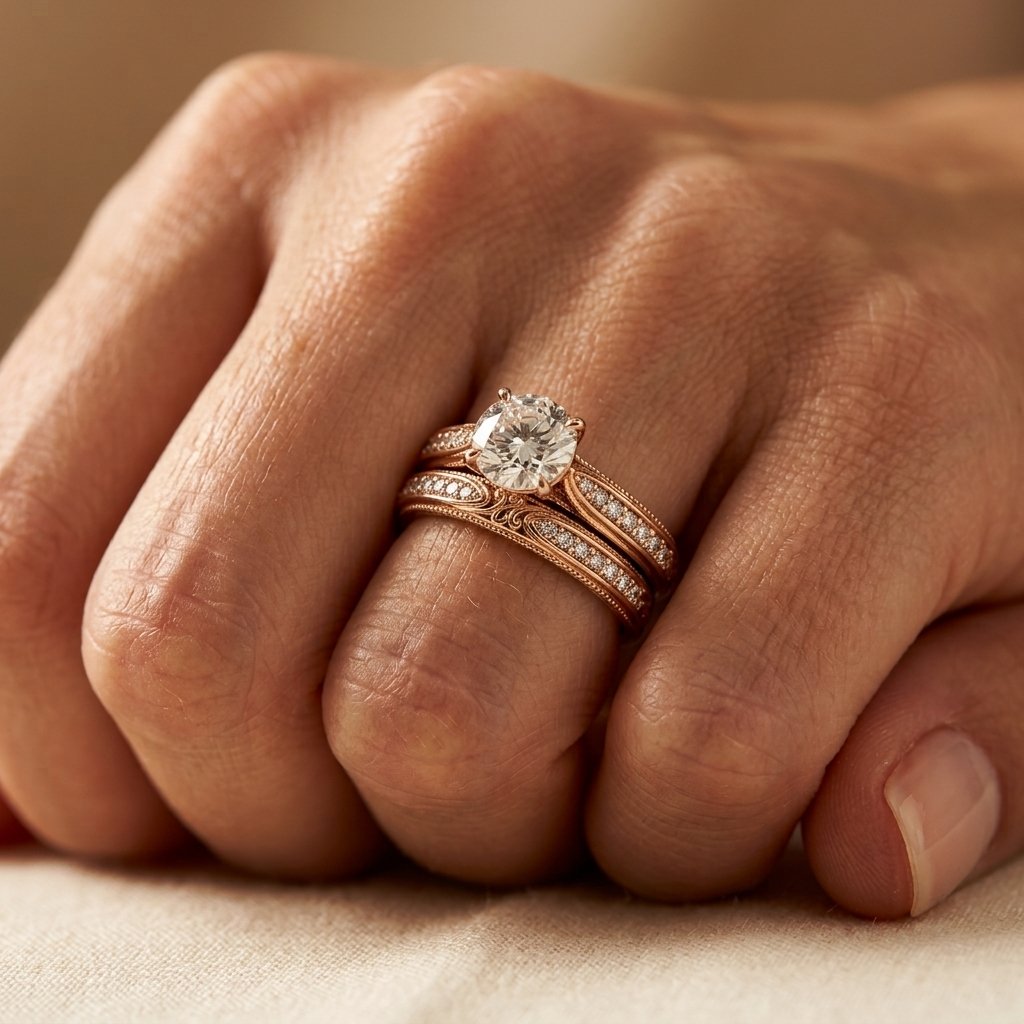Rose Gold Round Cubic Zirconia Filigree Ring Set