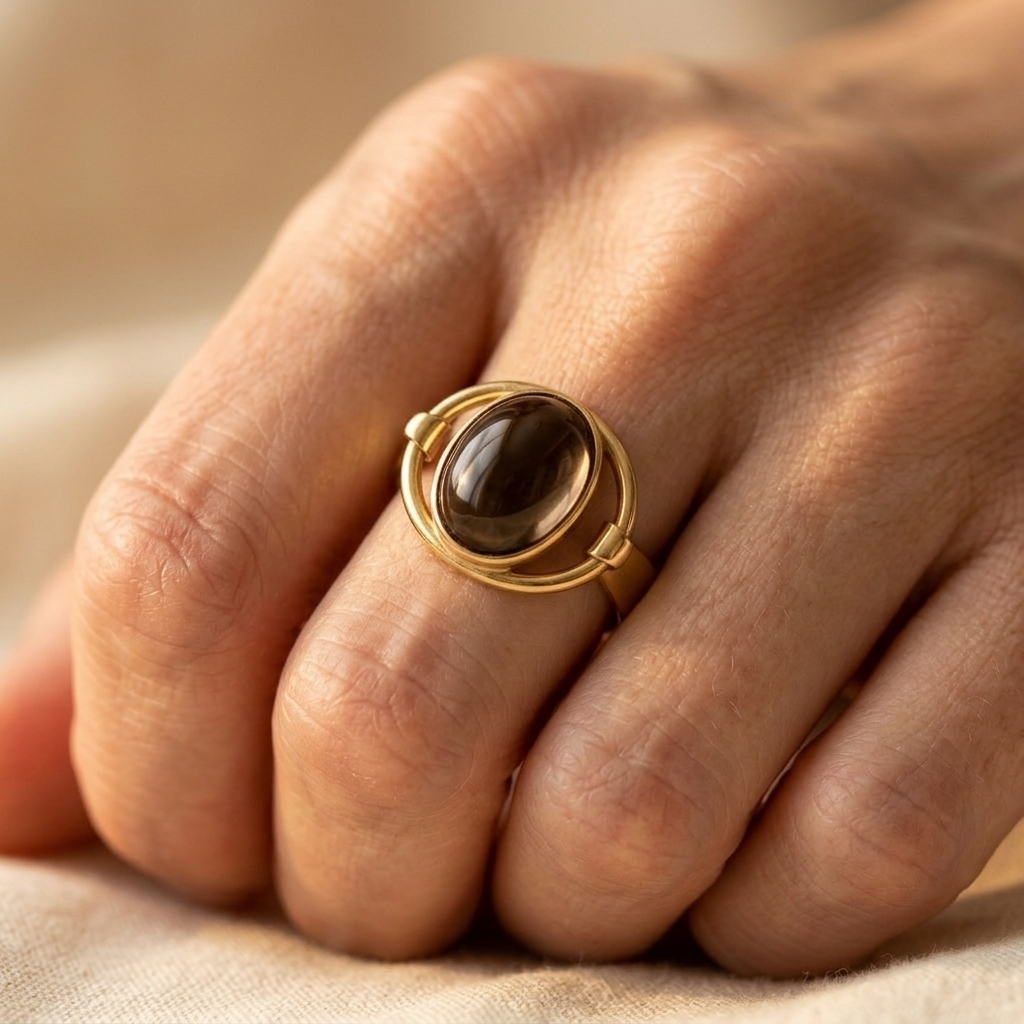 Vintage Gold Oval Smoky Stone Hollow Ring