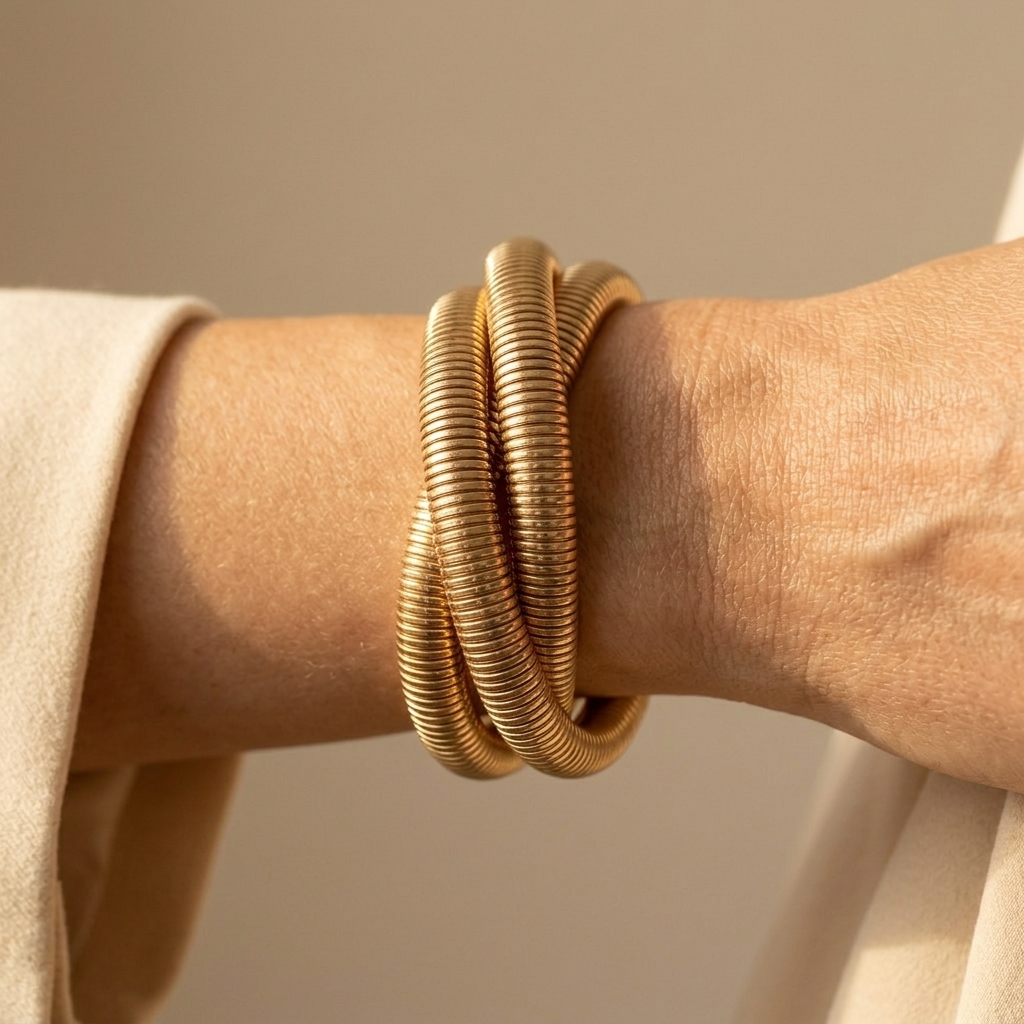Gold Ribbed Stackable Layered Bracelet