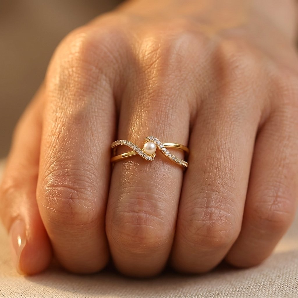 Gold Pearl Cubic Zirconia Twist Ring