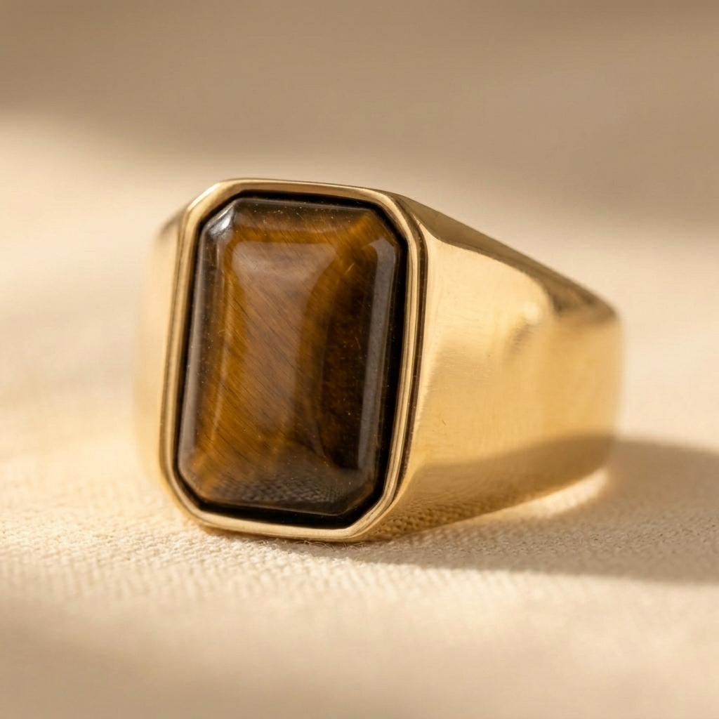 Gold Tiger Eye Stone Rectangular Signet Ring