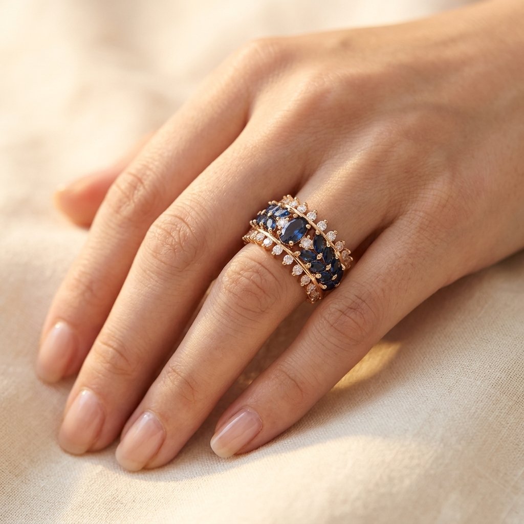 Royal Gold Sapphire Blue Wide Band Ring