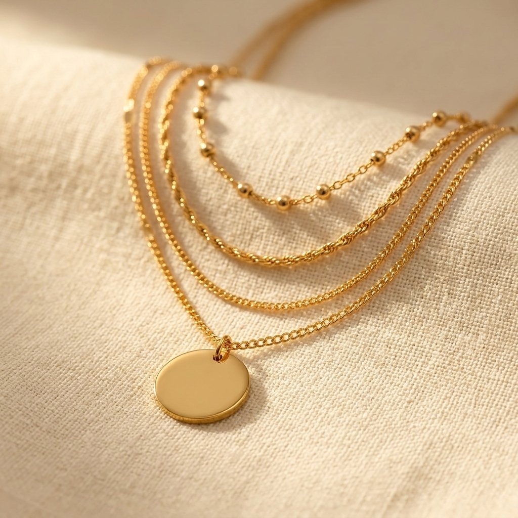 Gold Round Pendant Layered Chain Necklace