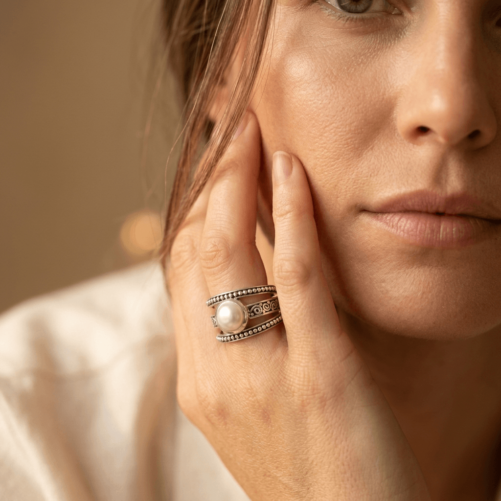 Bohemian Silver Pearl Beaded Ring