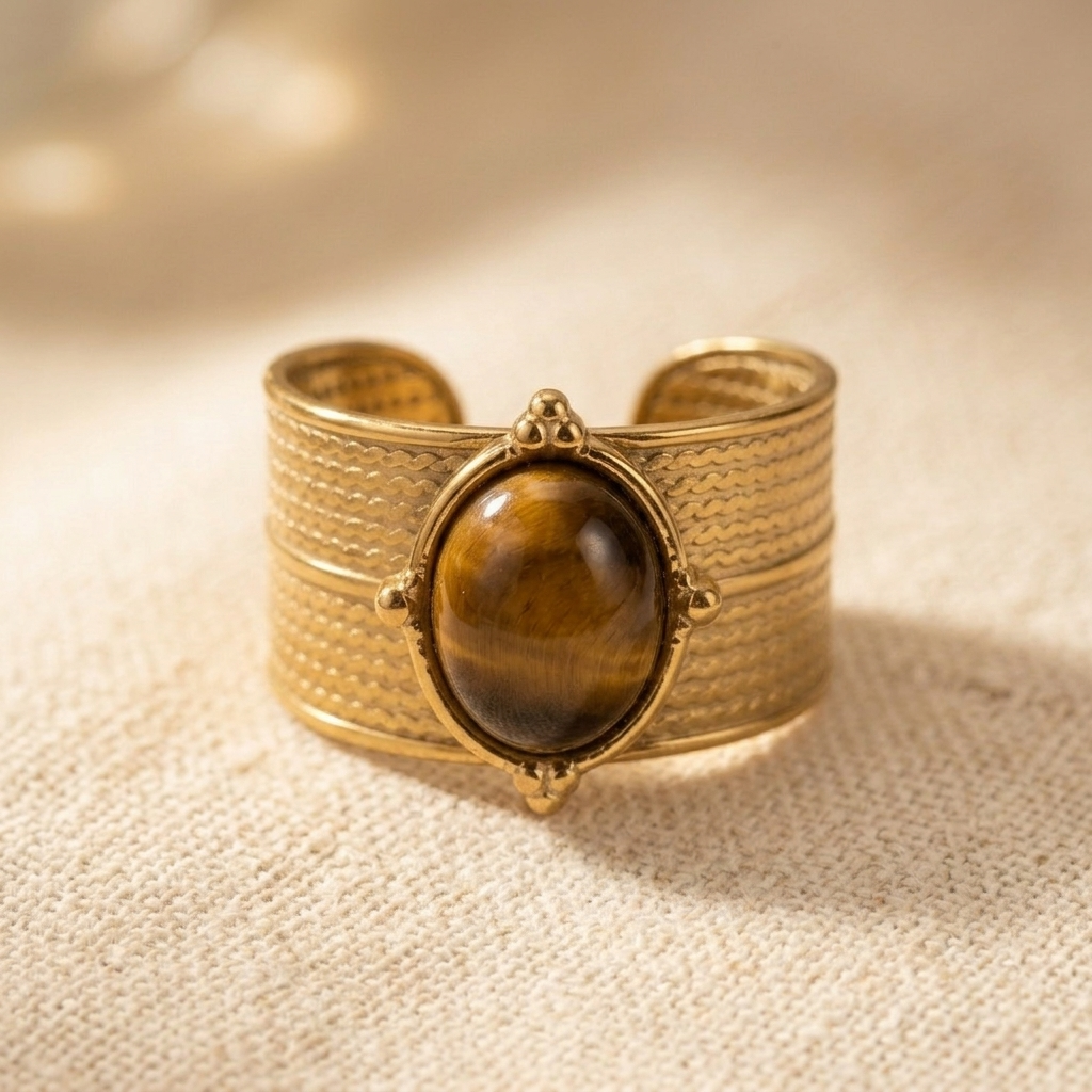 Golden Stainless Steel Tiger Eye Stone Ring