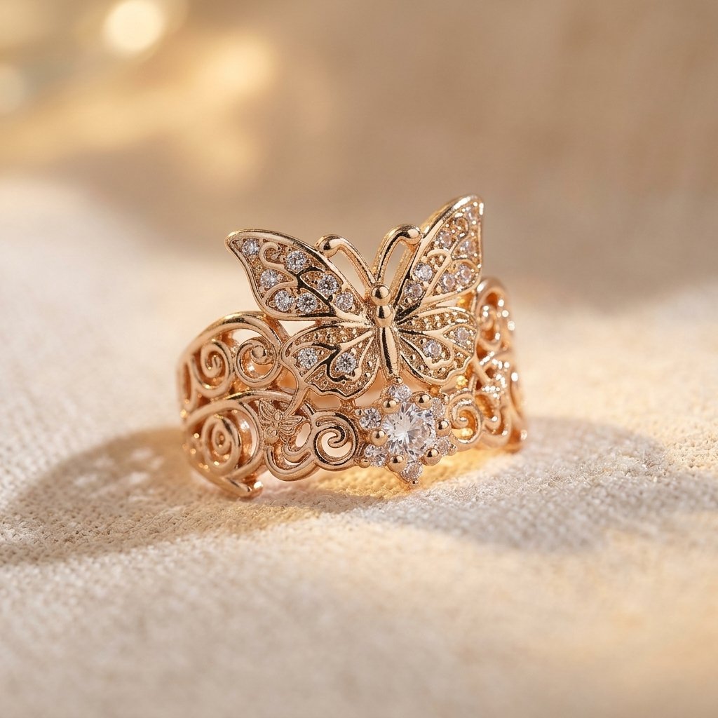 Vintage Gold Filigree Butterfly Zirconia Ring