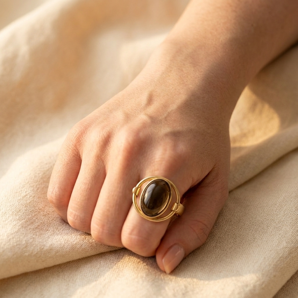 Vintage Gold Oval Smoky Stone Hollow Ring