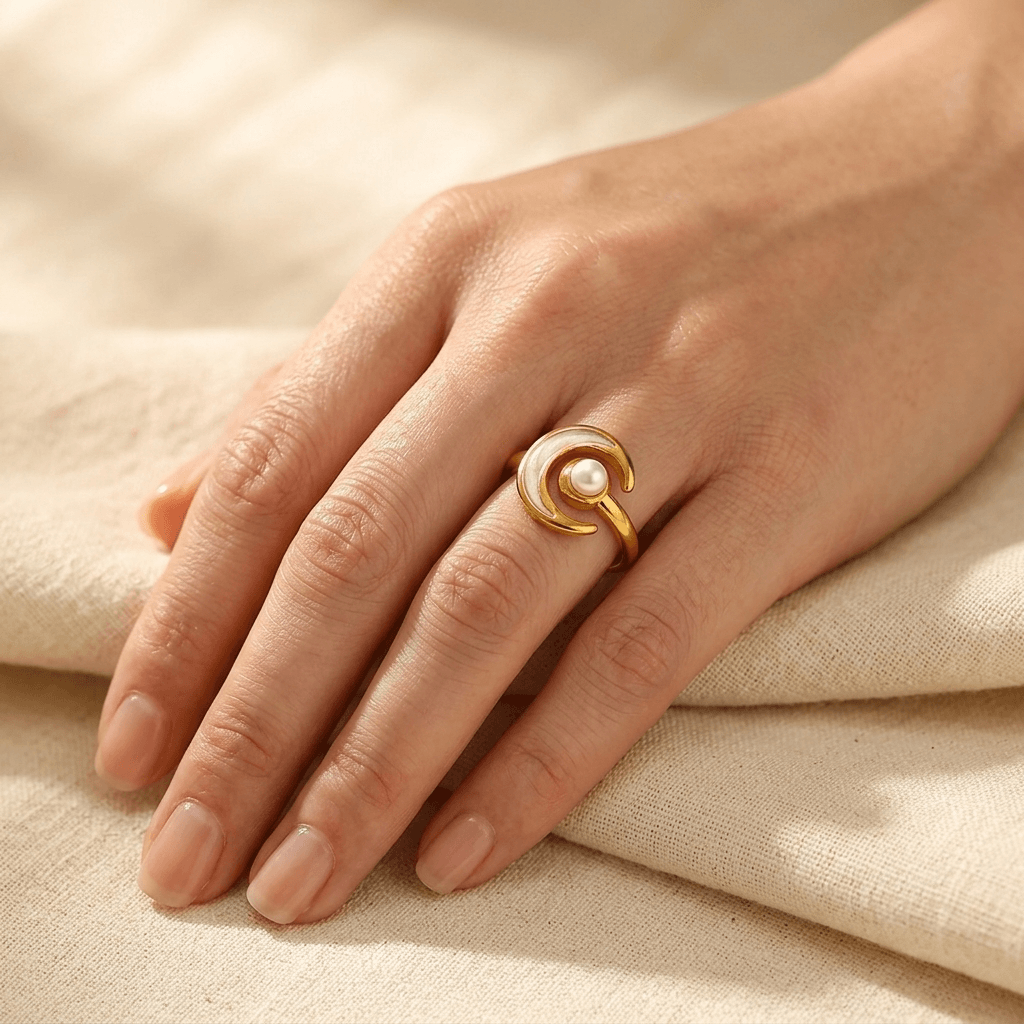 Gold Moon Pearl Crescent Ring