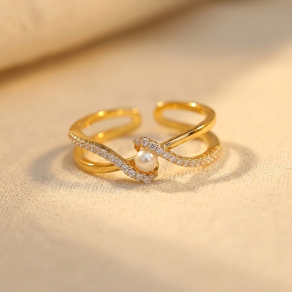 Gold Pearl Cubic Zirconia Twist Ring
