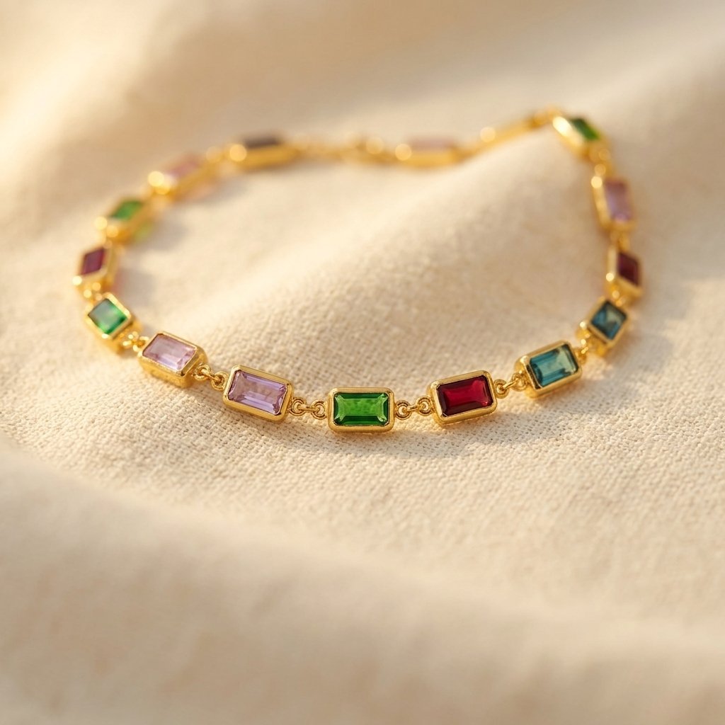 Gold Multicolor Rectangular Gemstone Link Necklace