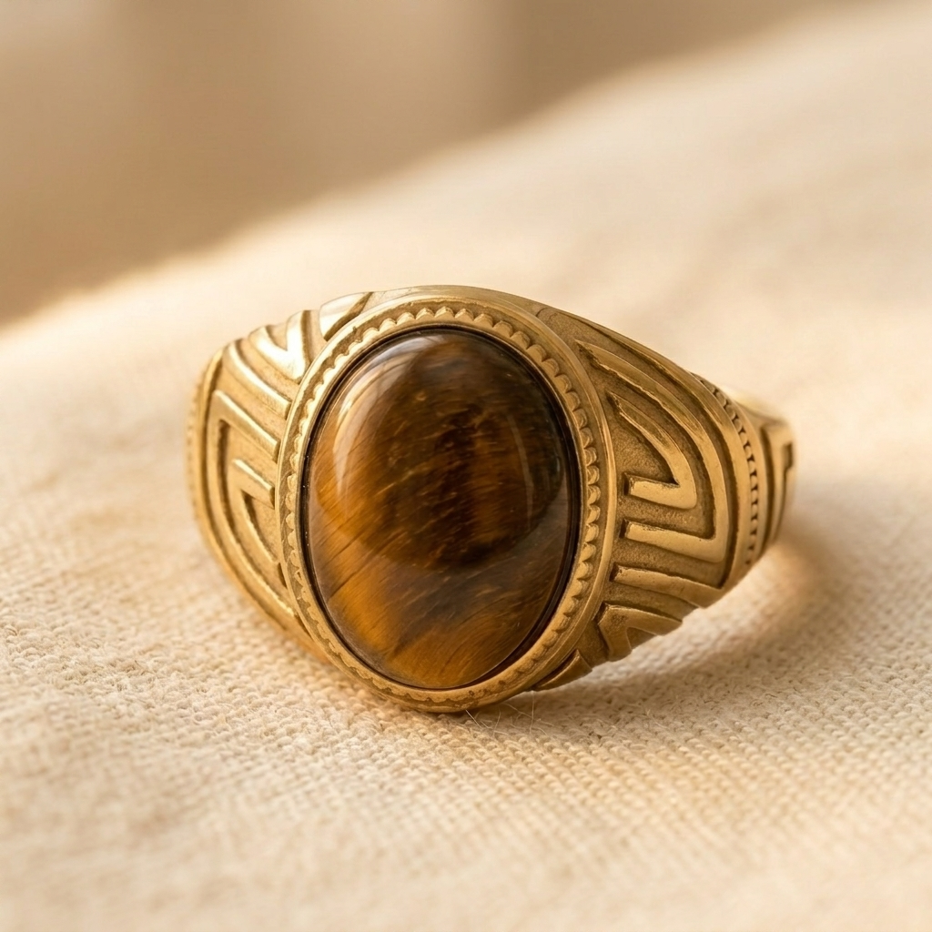 Gold Tiger Eye Stone Oval Signet Ring