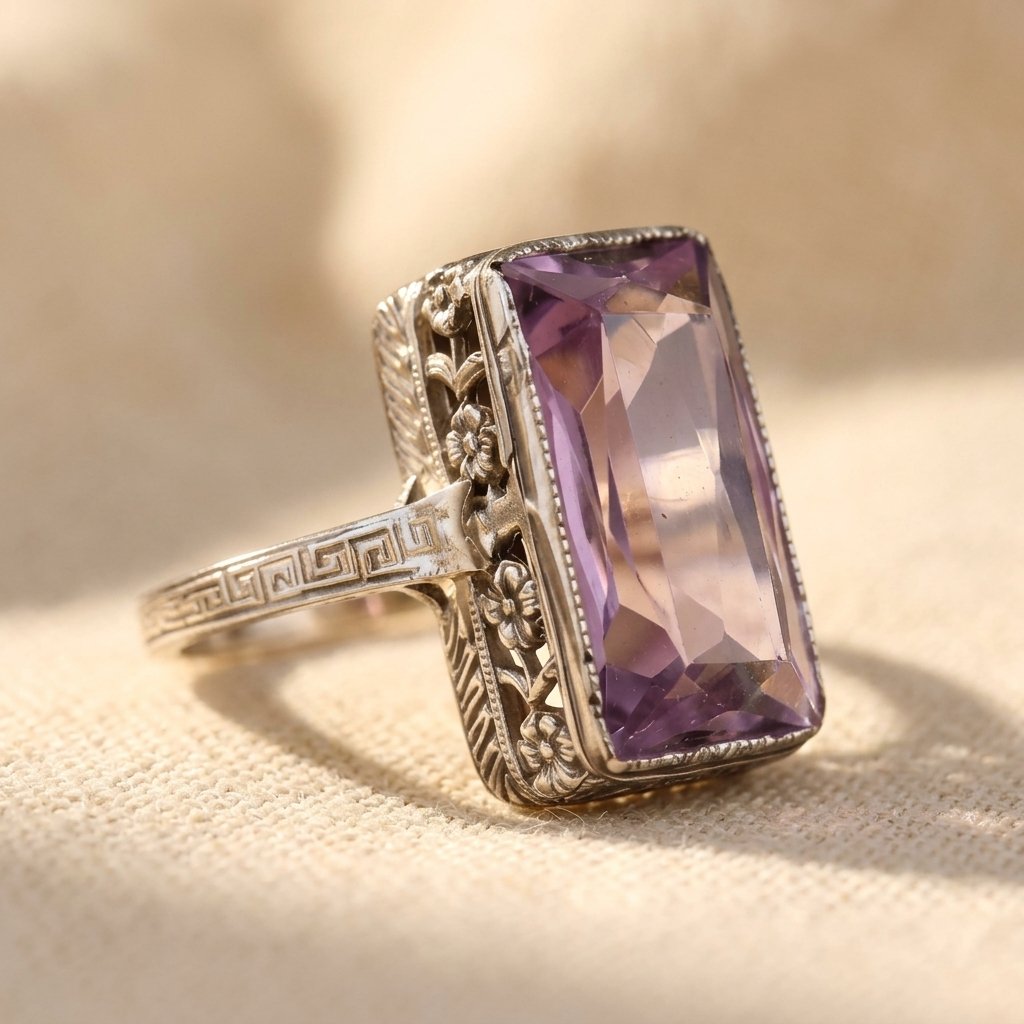 Vintage Silver Amethyst Rectangle Filigree Ring