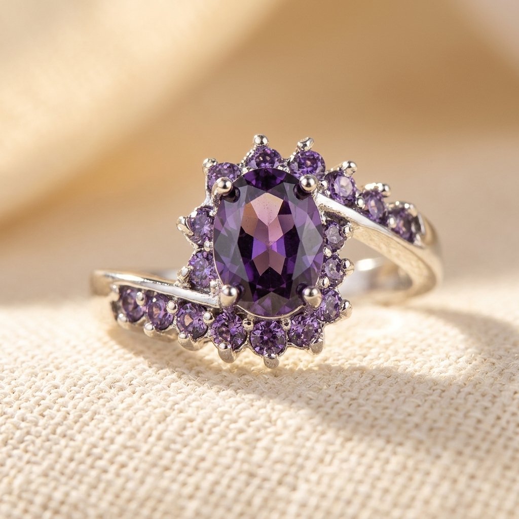 Vintage Silver Amethyst Halo Cluster Ring