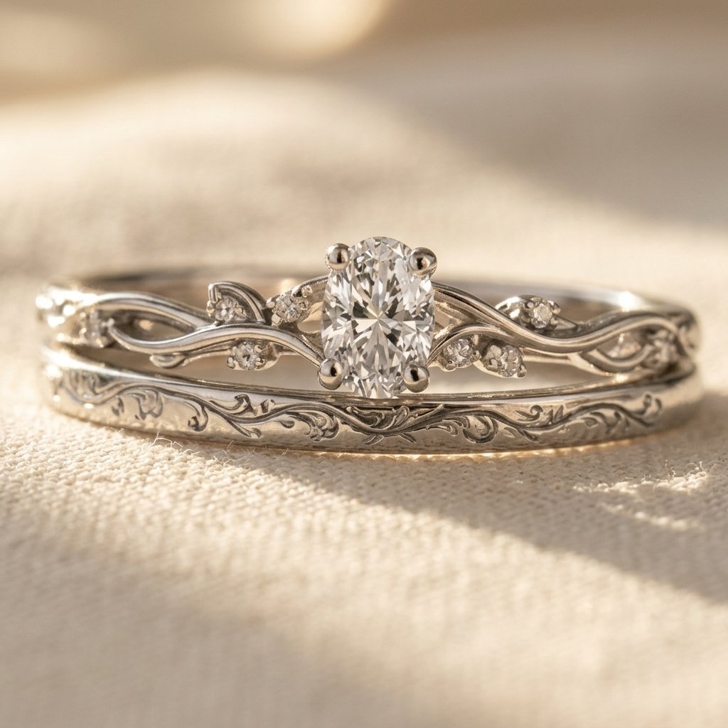 Vintage White Gold Filigree Oval Ring Set