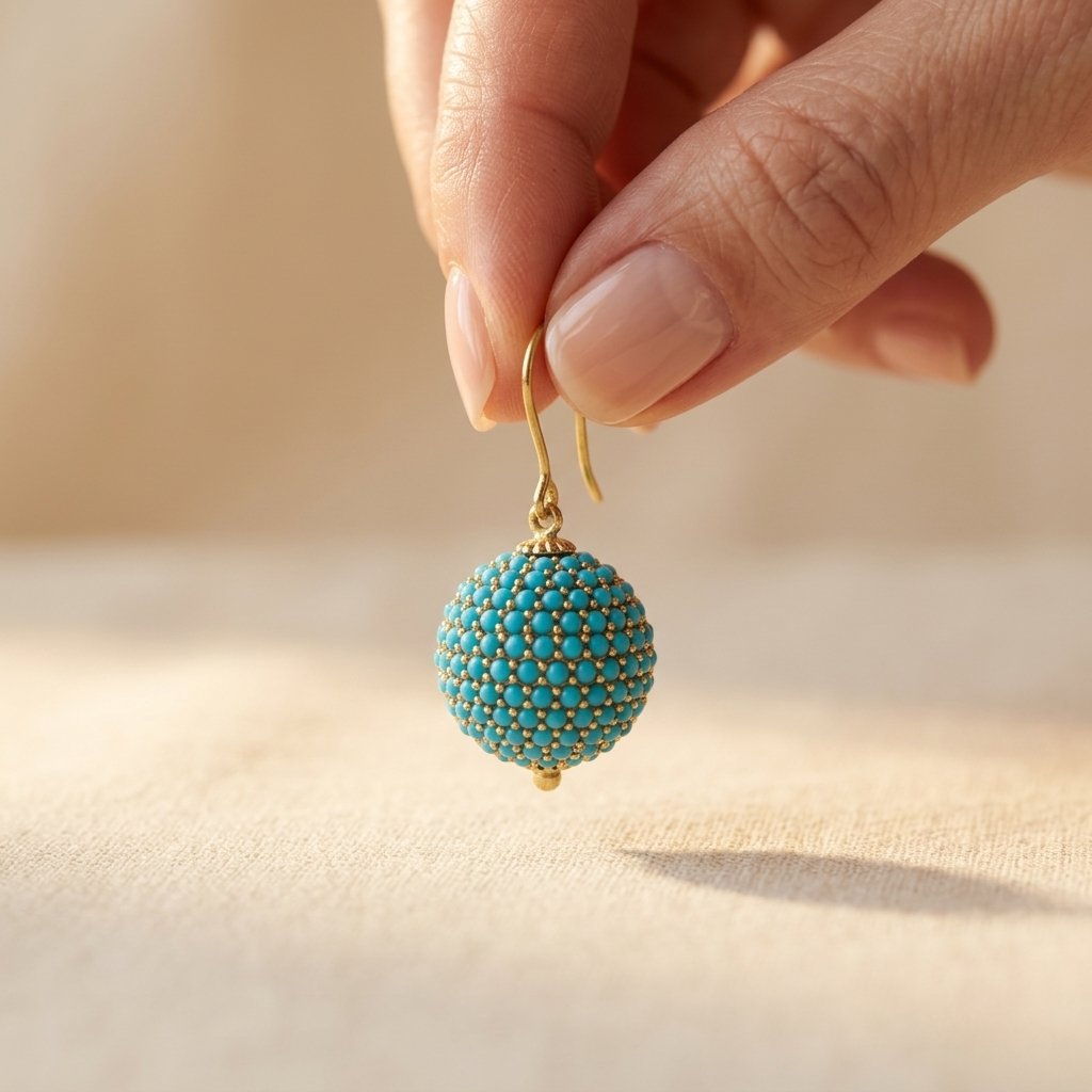 Gold Turquoise Beaded Sphere Drop Earrings