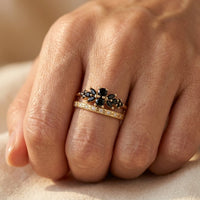 Gold Black Flower Petal Stackable Ring Set