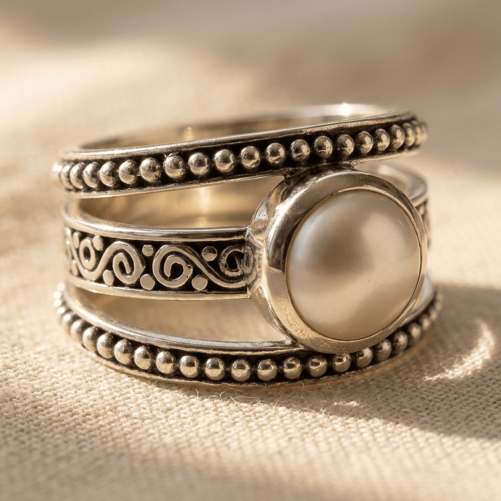 Bohemian Silver Pearl Beaded Ring