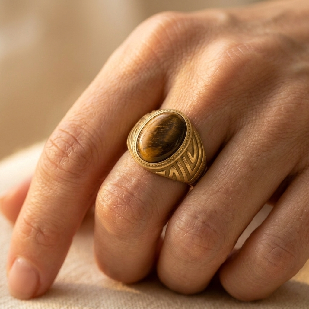 Gold Tiger Eye Stone Oval Signet Ring