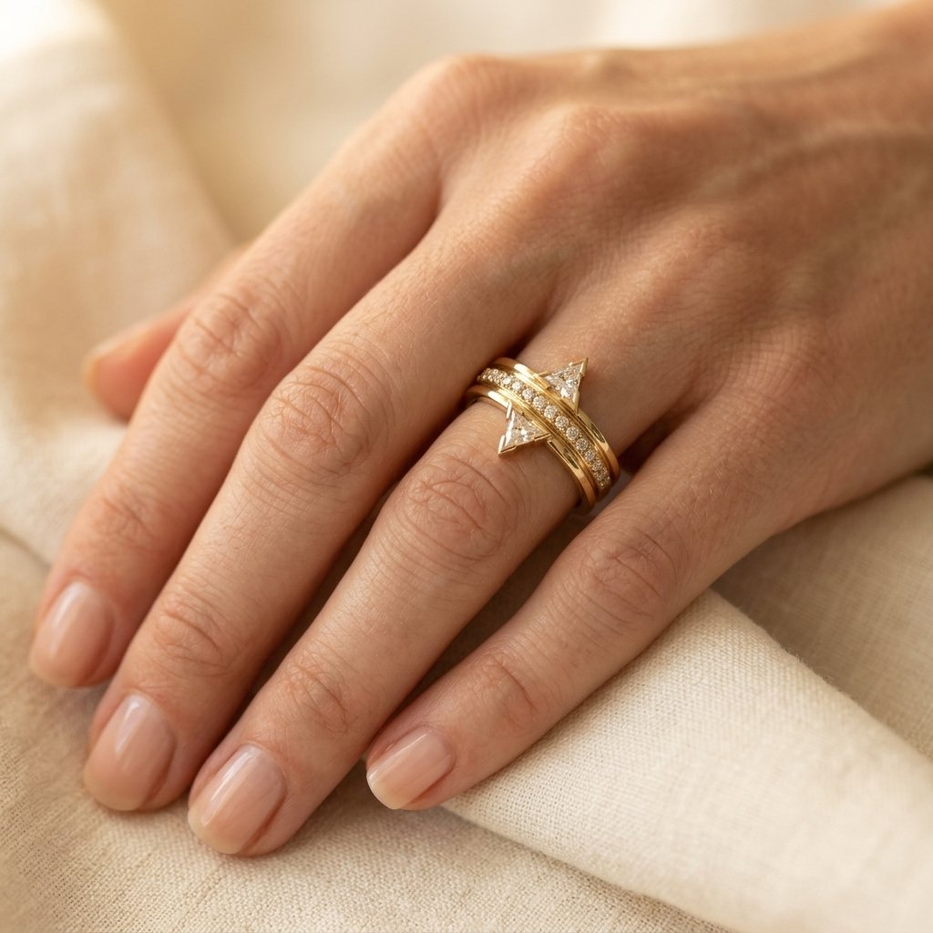 Geometric Gold Triangle Diamond Star Ring