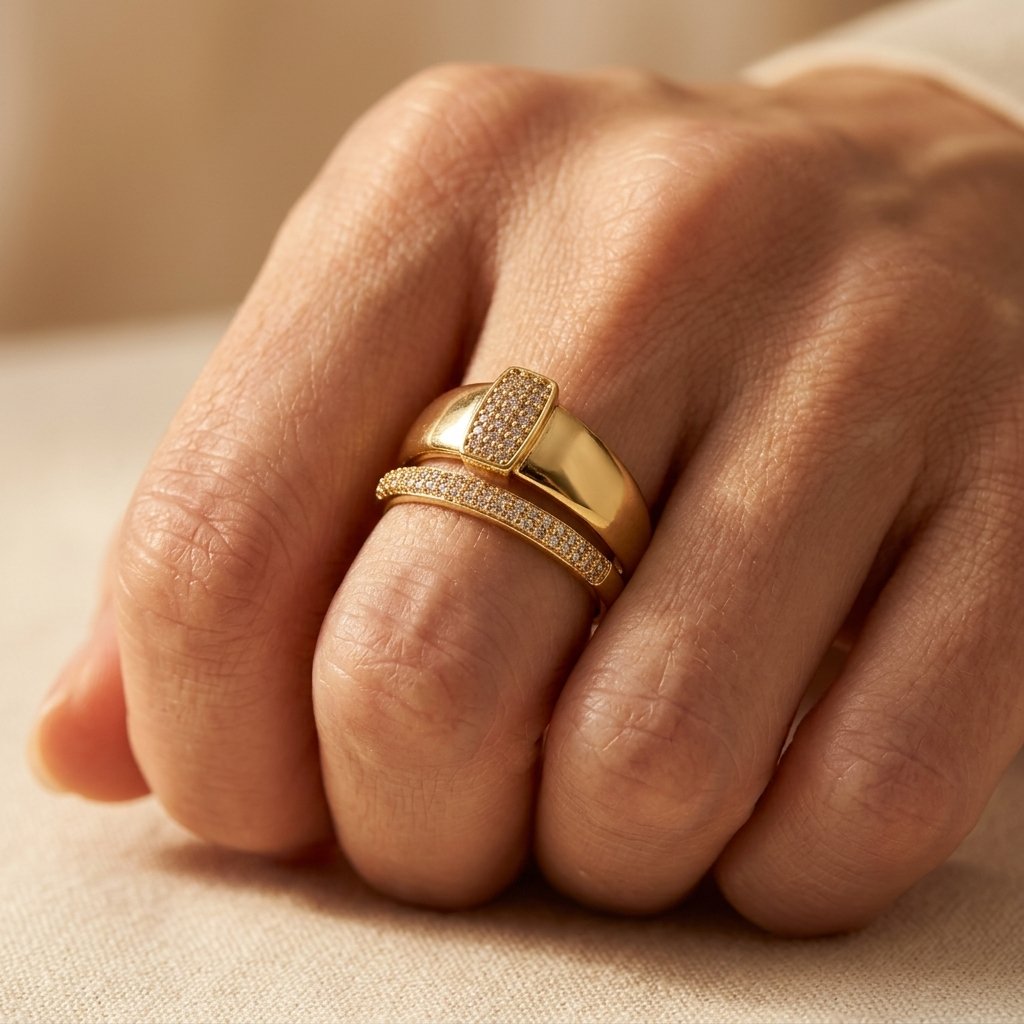 Modern Gold Pavé Rectangle Double Band Ring