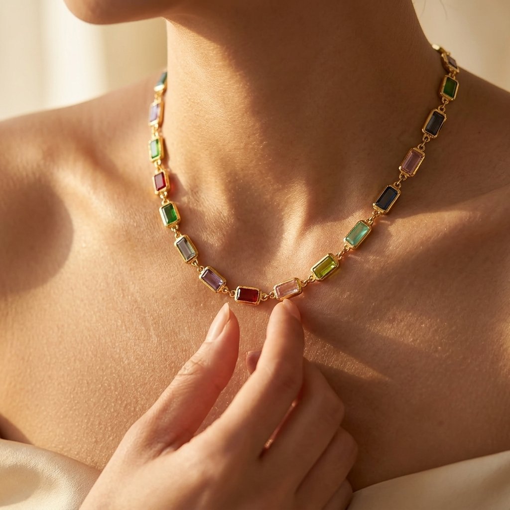 Gold Multicolor Rectangular Gemstone Link Necklace