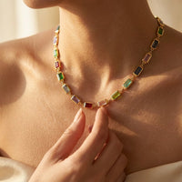 Gold Multicolor Rectangular Gemstone Link Necklace