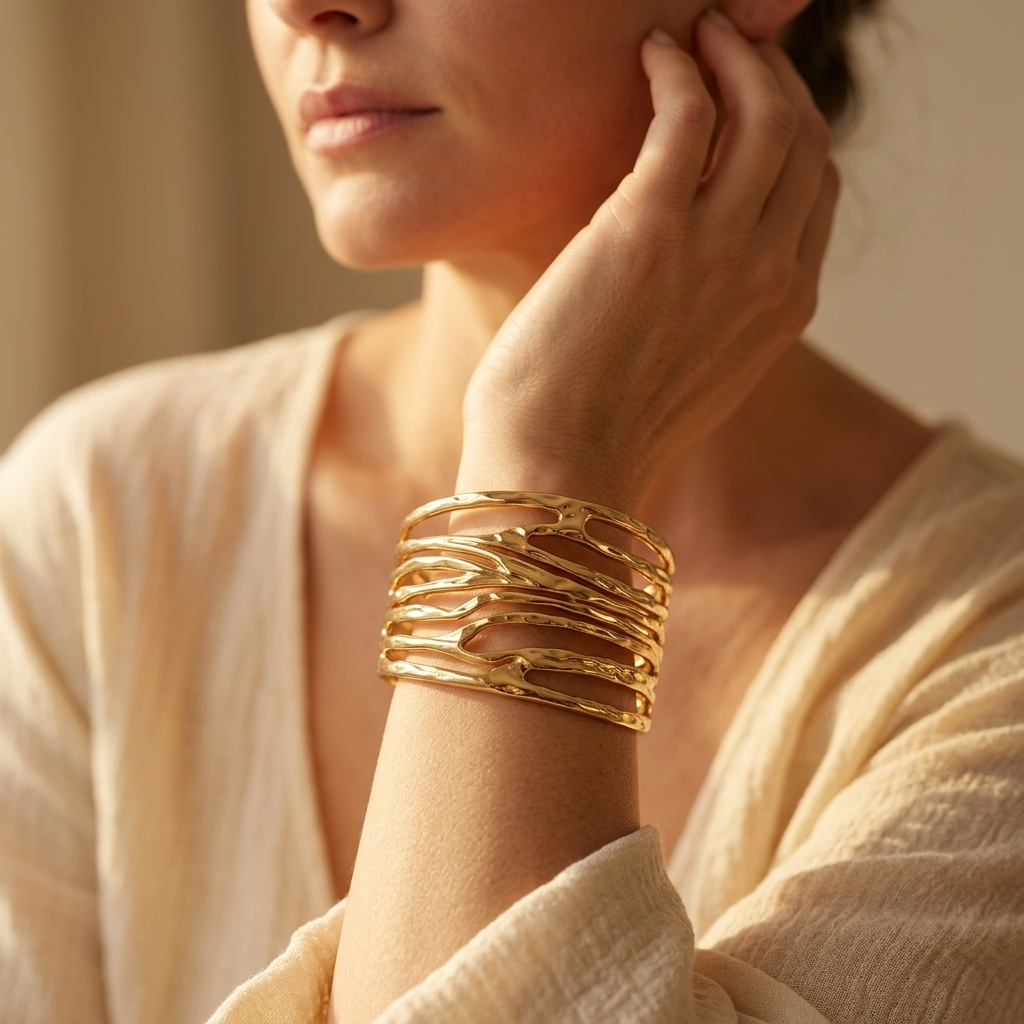 Gold Textured Hollow Wave Cuff Bracelet