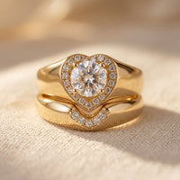 Gold Heart Shaped Diamond Halo Ring Set