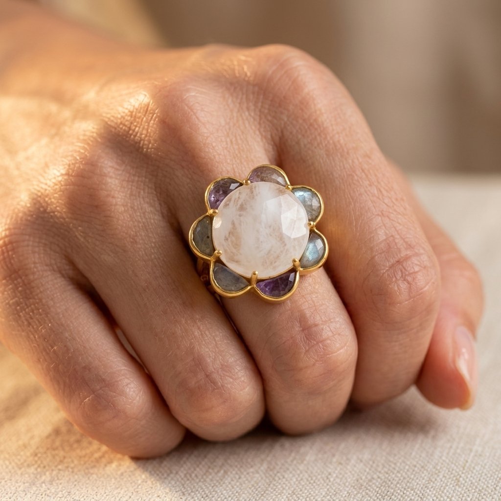 Gold Labradorite Oval Flower Ring