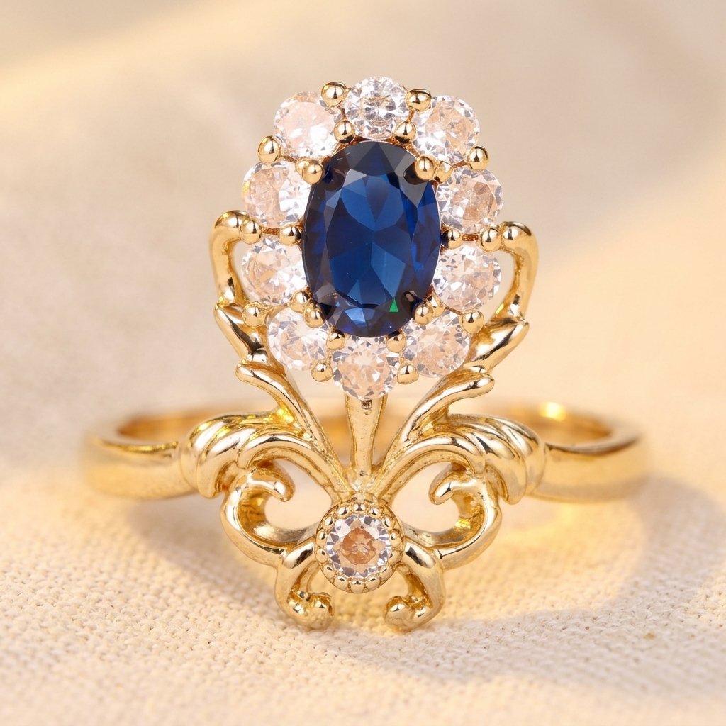 Vintage Gold Sapphire Floral Halo Ring