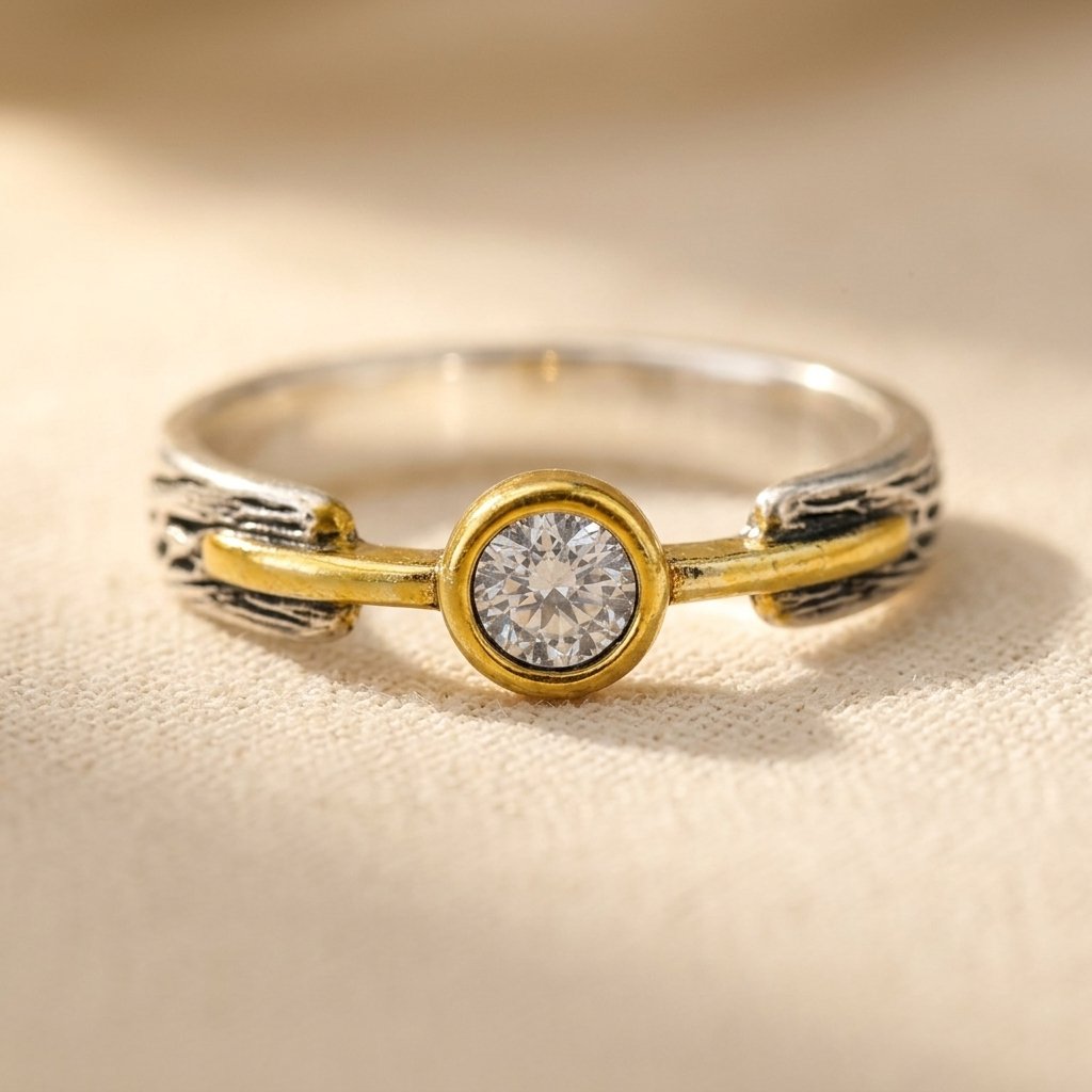 Retro Two Tone Hammered Zirconia Ring
