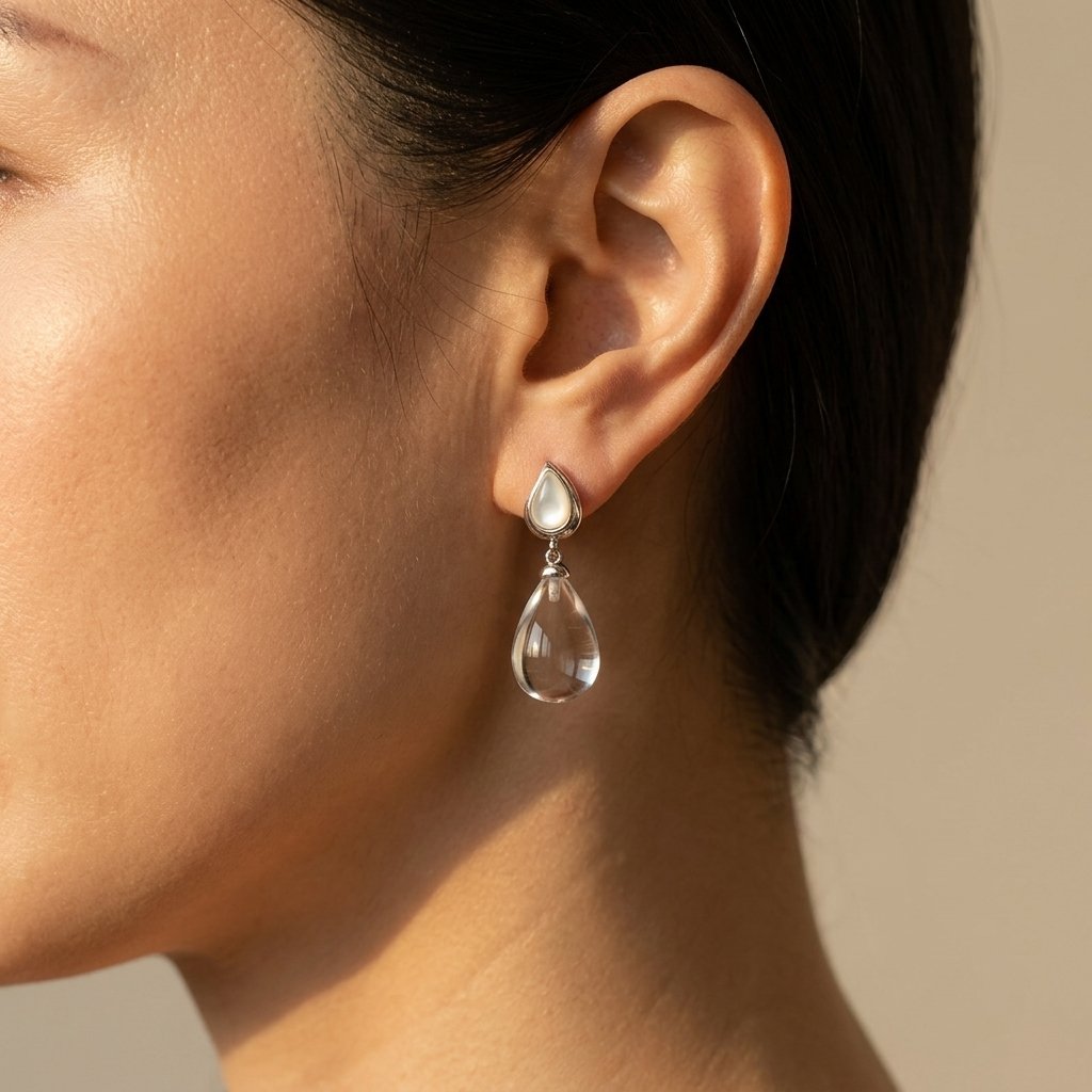 Moonstone Crystal Teardrop Silver Drop Earrings