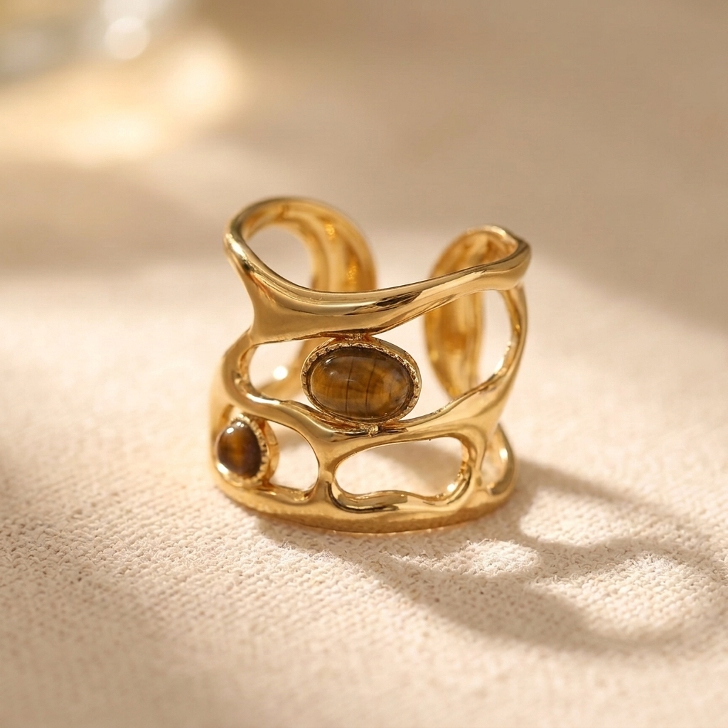 Gold Plated Geometric Tiger Eye Stone Cuff Ring
