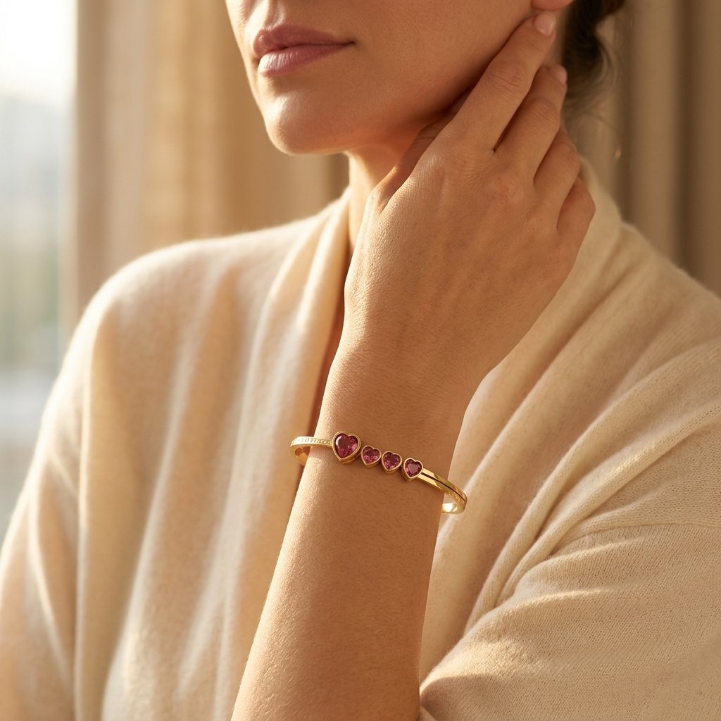 Gold Ruby Heart Filigree Bangle Bracelet