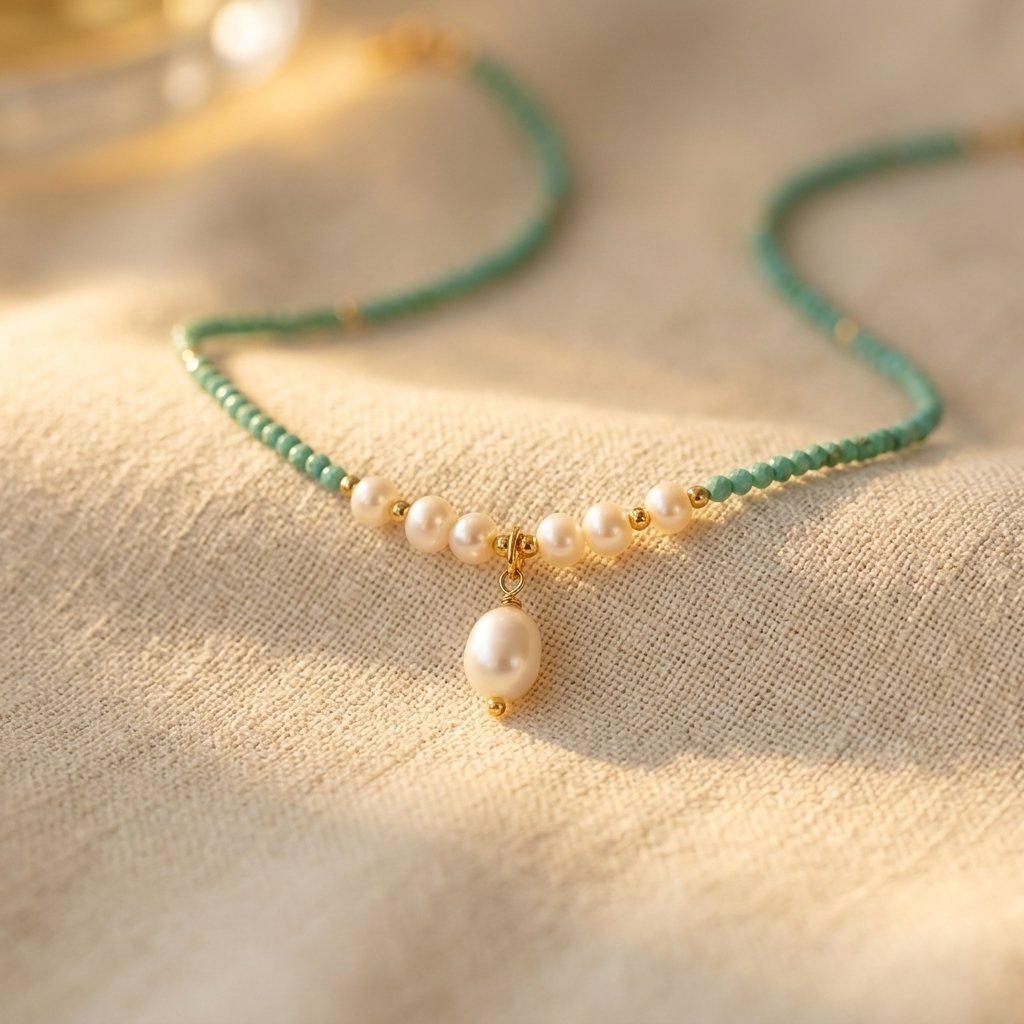 Vintage Gold Aventurine Pearl Drop Necklace