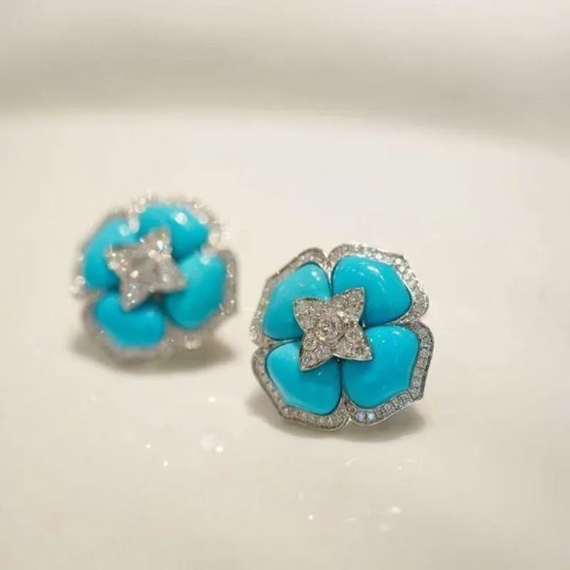 Sophisticated Silver Blue Flower Earrings