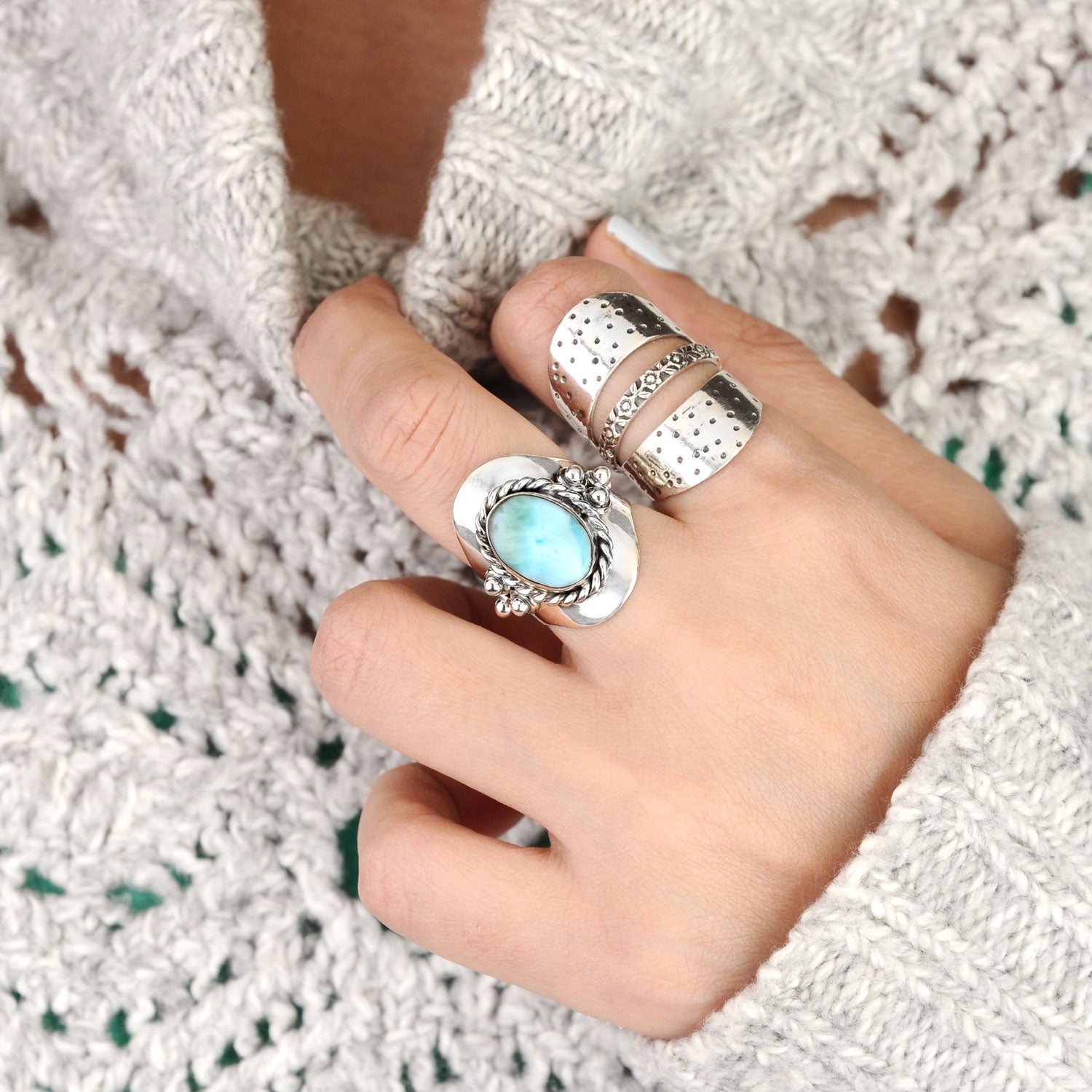 Vintage Style Oval Larimar Silver Boho Ring
