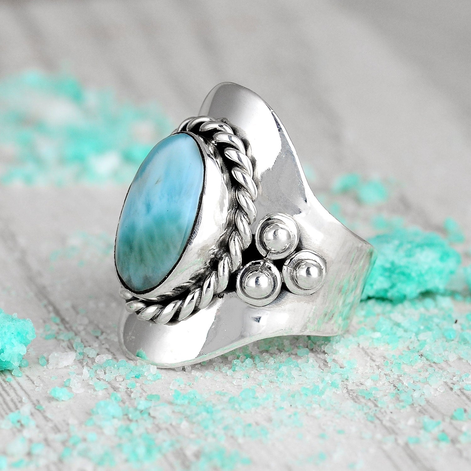 Vintage Style Oval Larimar Silver Boho Ring