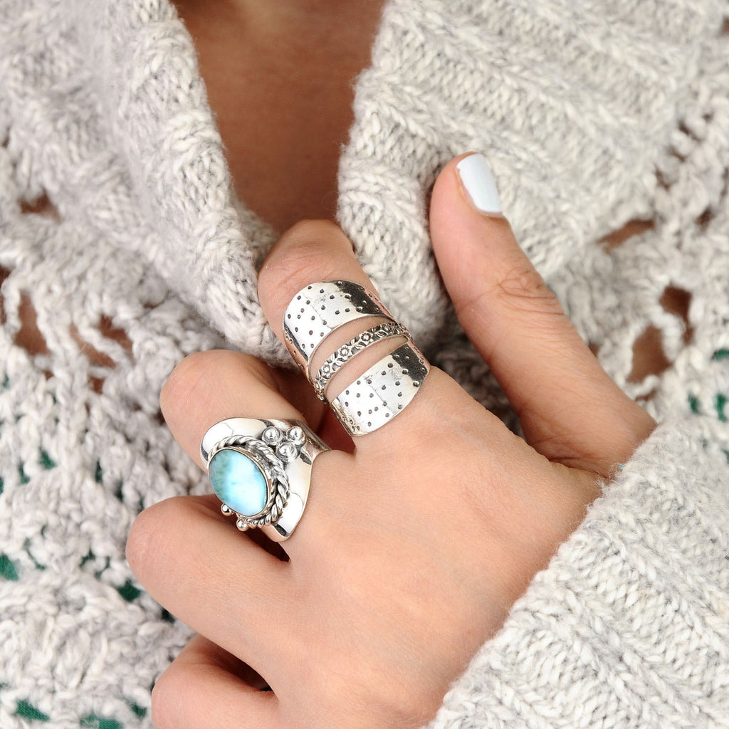 Vintage Style Oval Larimar Silver Boho Ring